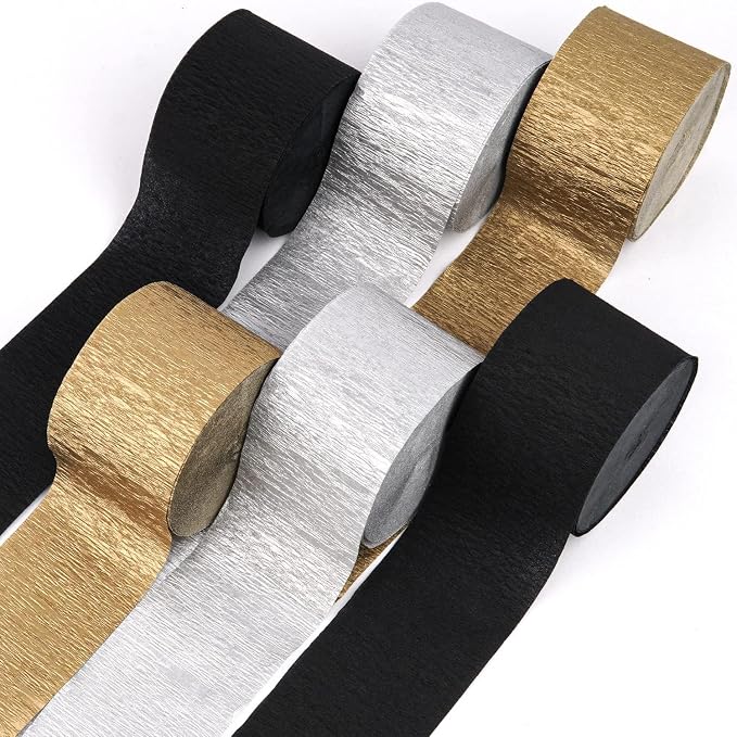 6 Black Gold Streamers, 492ft Pack of Crepe Paper Party Decorations | Each roll by CaptainD%C3%A9cor