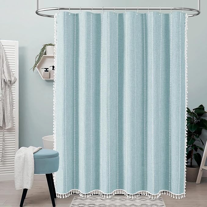 72x84 Long Boho Farmhouse Linen Heavy Duty Shower Curtain, Fog Blue | Tall Size - Image 6
