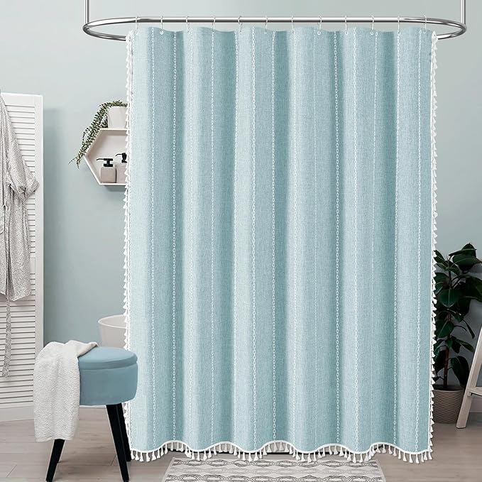 72x78 Long Boho Farmhouse Linen Heavy Duty Shower Curtain, Fog Blue | Tall Size - Image 6