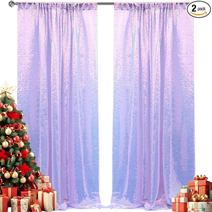 2×8FT-2PCS Mermaid Purple Sequin Backdrop Curtains Panels, Photography Backdrop by Pufogu