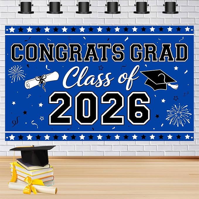 Blue Graduation Banner Class of 2026-72" x 44" Congrats Grad Backdrop by Unknown