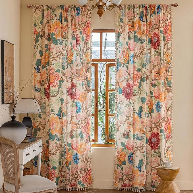 Floral Rod Pocket Semi Sheer Bedroom Curtains 84 Inch Length 2 Panels Set | - Image 2