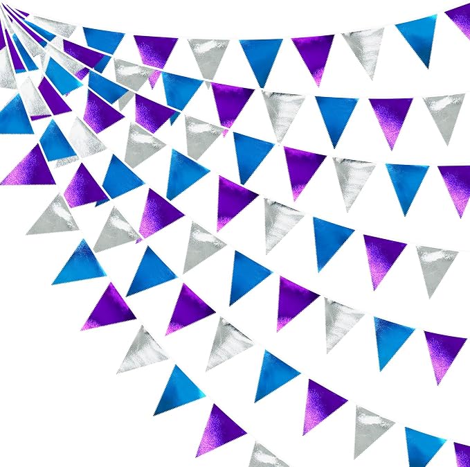 Frozen Party Decoration Purple Blue Silver Metallic Fabric Triangle Pennant by pinkblume