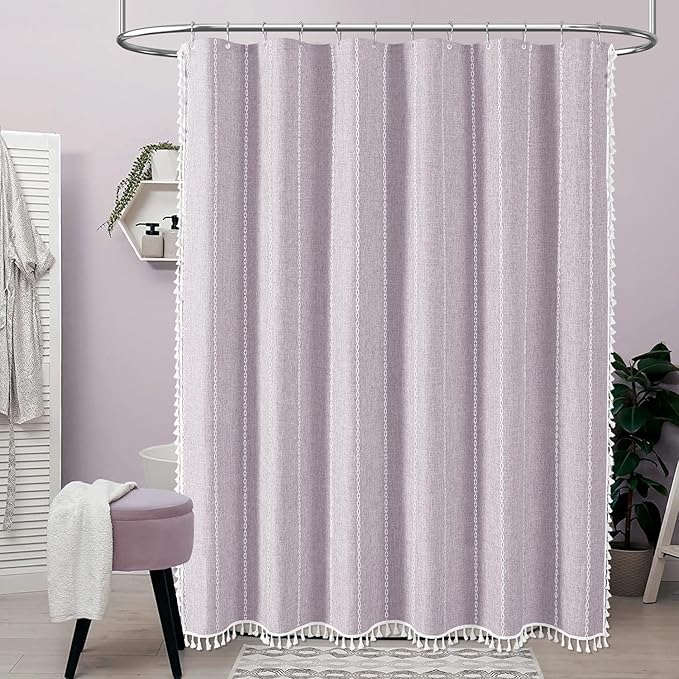 72x84 Long Boho Farmhouse Linen Heavy Duty Shower Curtain, Lavender | Tall Size - Image 2