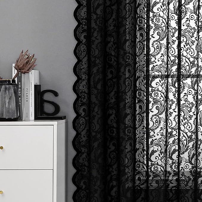 Bujasso Black Sheer Lace Curtains 84 inch Vintage Floral Sheer Gothic Curtain - Image 5