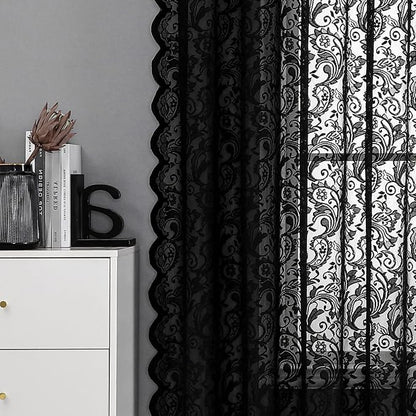 Bujasso Black Sheer Lace Curtains 54 inch Elegant Vintage Floral Short Curtain - Image 5
