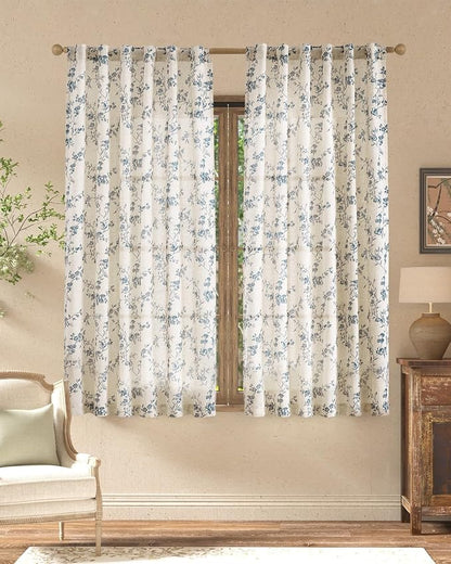 jinchan Blue Floral Linen Curtains 63 Inch French Country Back Tab 2 Panels | by JINCHAN