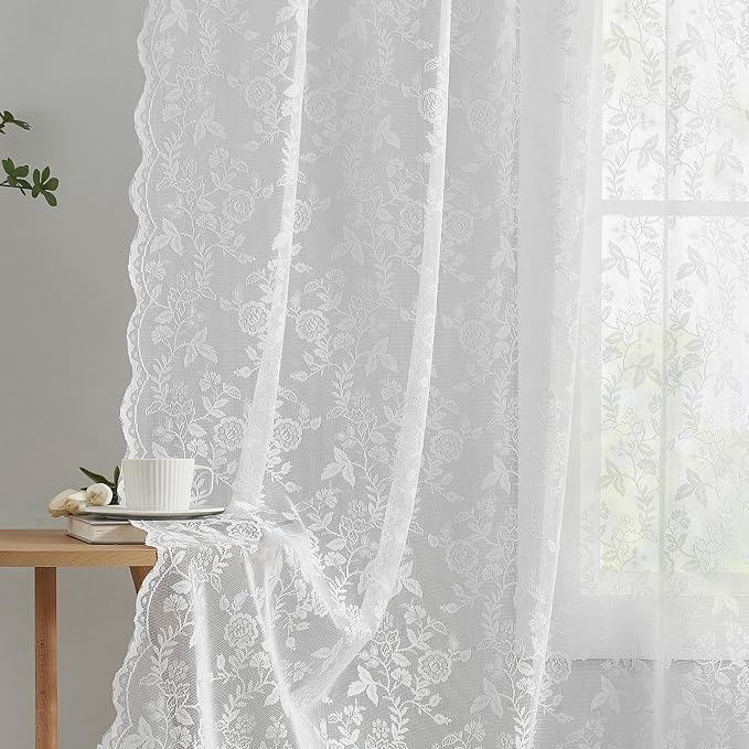 FINECITY White Lace Curtains Rustic Leaf Floral 52 x 80 Inch, 2 Panels | Rod - Image 6