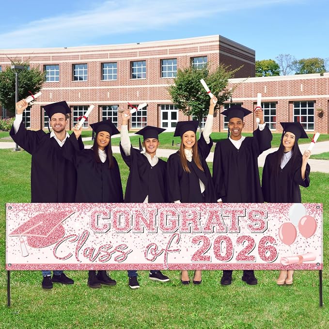 Pink Graduation Party Decorations Class of 2026 Banner Congrats Grad | Rose - Image 5