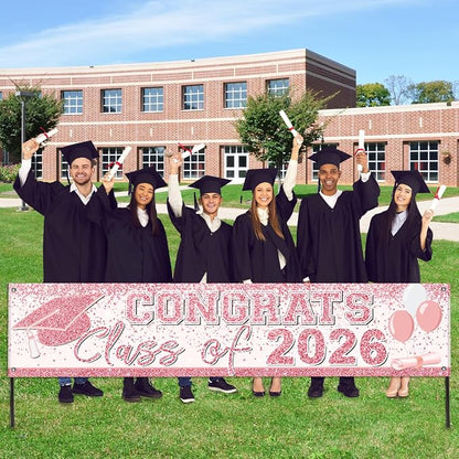 Pink Graduation Party Decorations Class of 2026 Banner Congrats Grad | Rose - Image 5