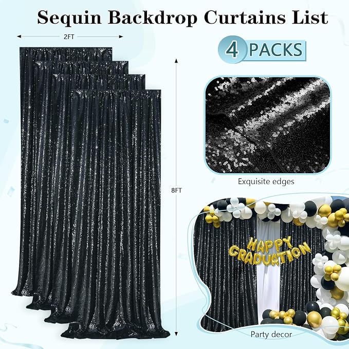 Black Sequin Backdrop 4 Panels 2FTx8FT Halloween Party Backdrop Curtains | - Image 5
