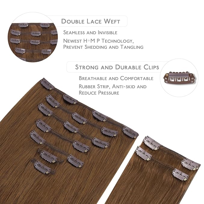 WENNALIFE Clip in Hair Extensions, 150g 14 Inch 9pcs Light Auburn Brown Human Hair Extensions Thicker Clip in Hair Extensions Real Human Hair Clip Set Double Weft