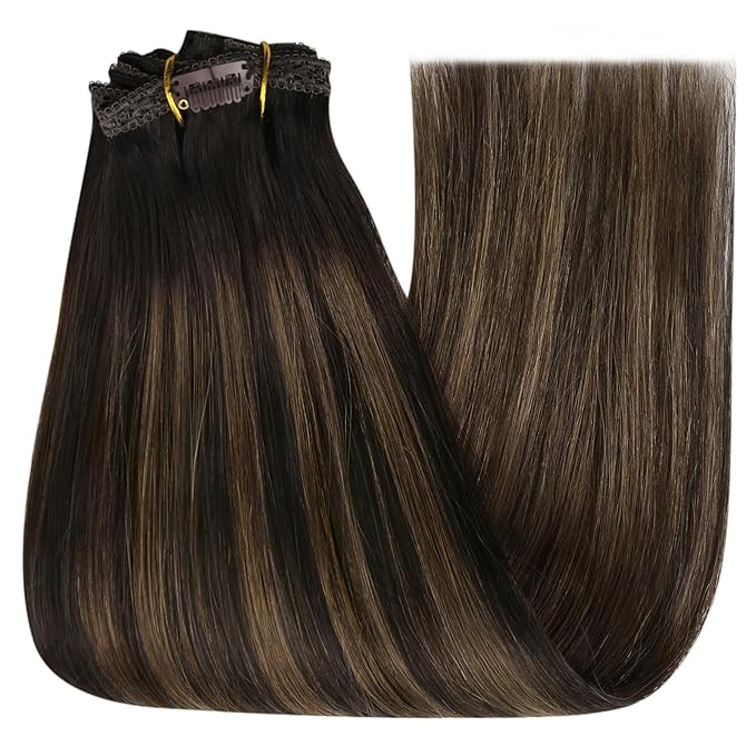 YoungSee Clip in Human Hair Extensions Brown Real Human Hair Extensions Clip ins Dark Mix Medium Brown Balayage Long Straight Clip in Extensions Real Human Hair 120G 22Inch 7Pcs