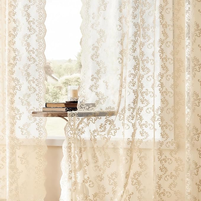 FOLKSIDE Beige Lace Curtains 72 Inch Length 2 Panels Set Victorian Floral Sheer - Image 4