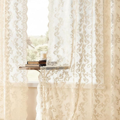 FOLKSIDE Beige Lace Curtains 72 Inch Length 2 Panels Set Victorian Floral Sheer - Image 4