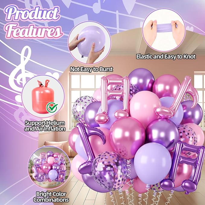 Pink and Purple Balloons, Music Note Balloon Foil, 12 Inch Metallic Pastel - Image 3