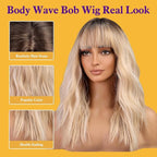 Ombre Blonde Wig with Bangs,Blonde Highlight Wavy Wigs for Women,Shoulder Length Curly Synthetic Hair Wig for Party Daily Use 18IN…