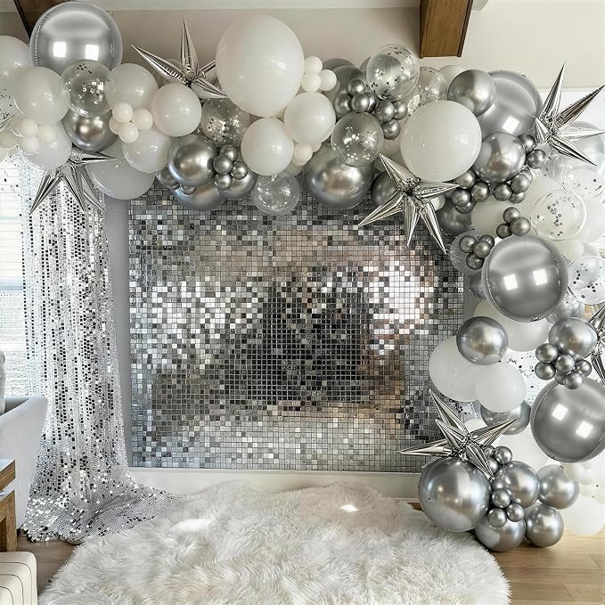 White Silver Balloons Garland Arch Kit, Confetti Silver Explosion Star 4D Foil - Image 3