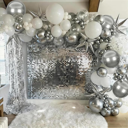 White Silver Balloons Garland Arch Kit, Confetti Silver Explosion Star 4D Foil - Image 3