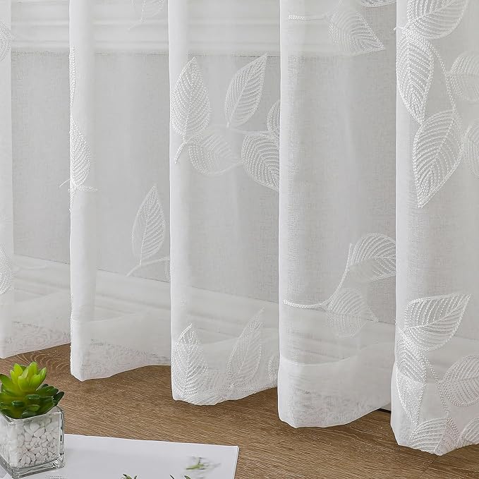 White Sheer Curtains Leaf Embroidered 63 Inches Long 2 Panels | Light Filtering - Image 4
