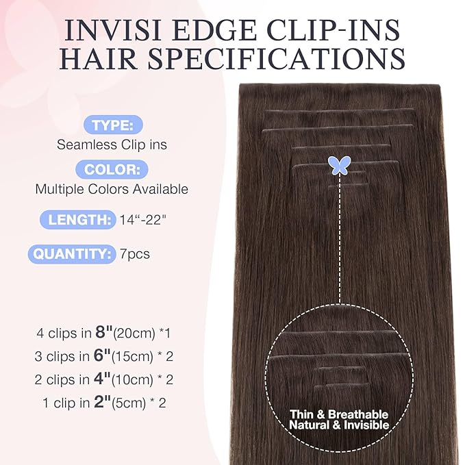 DOORES Clip in Hair Extensions Real Human Hair 20 inch 140g 7pcs Invisible Human Hair Extensions Clip ins, Injected Seamless PU Clipins Virgin Invisi Edge Natural Straight, 4A Chocolate Brown