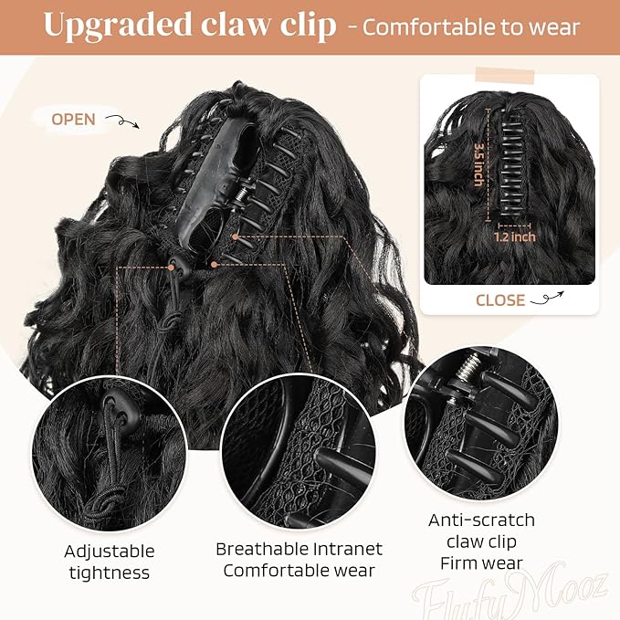 Flufymooz 100％ Pure Protein Ponytail Extension, 18 Inch Curly Claw Clip Ponytail Hair Extensions Natural Soft pony tail hairpiece for women-Black Brown
