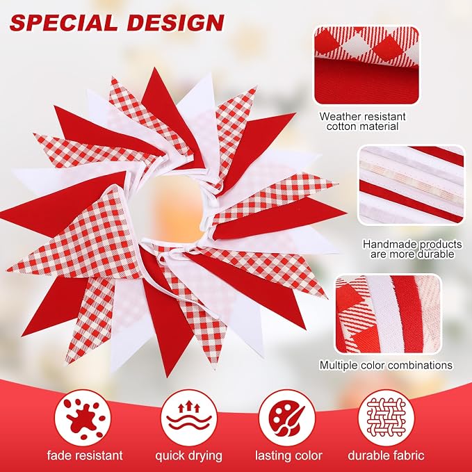 Red Plaid Checkered White Pennant Banner Flag Triangle Bunting Garland - Image 3