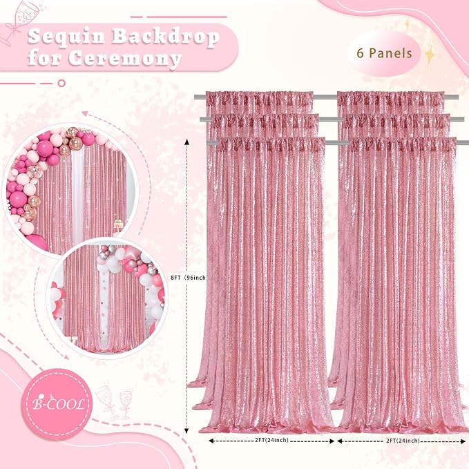 Fuchsia Pink Sequin Curtains Backdrop 6 Pcs 2FTx8FT Shiny Shimmer Fabric | - Image 5