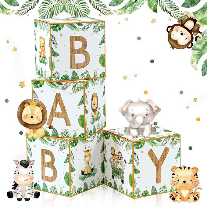 Safari Baby Shower Decorations Sage Green Woodland Animal Baby Boxes 4pcs | Boy by FengRise