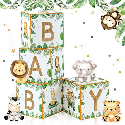 Safari Baby Shower Decorations Sage Green Woodland Animal Baby Boxes 4pcs | Boy by FengRise