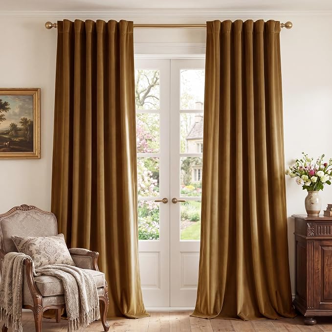 Gold Brown Velvet Curtains for Boho Living Room, 2 Panels | 300GSM Soft Velvet by StangH