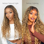 Human Hair Boho Curls Hand-Tied HD Full Lace Wig - 24" Salon-Level Small Box Synthetic Braids (100 Braids, High Density) Pre-Cut Swiss HD Lace, Pre-Plucked, Tangle-Free - 1B/27 Honey Blond
