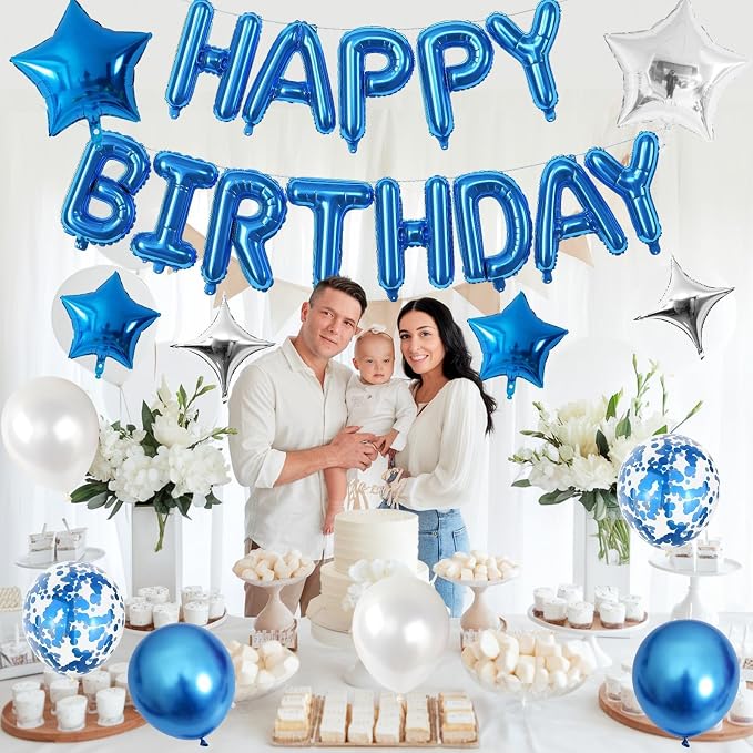 Happy Birthday Balloon Banner Blue Silver, 16 Inch Mylar Foil Letter Balloons - Image 4