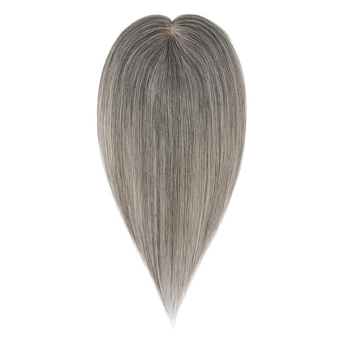 Hairro Human Hair Toppers Free Parted, 3.5x4.7" Base Hand-wovened 100% Real Hairpieces, with Invisible Clips-in for Women, for High Hairline/Adding Volume on Top, 10 Inch Dark Grey Mix Silver