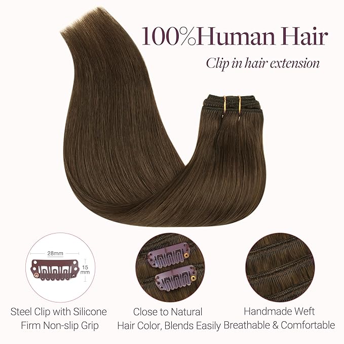 GOO GOO Clip in Hair Extensions Real Human Hair, Remy Human Hair Extensions Clip ins for Women, Natural Human Hair, 22inch 150g 9 Pcs, #4H Light Chocolate Brown
