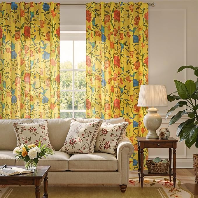Mustard Yellow Floral Linen Curtains, Boho Whimsical Bird Print Curtains - Image 4