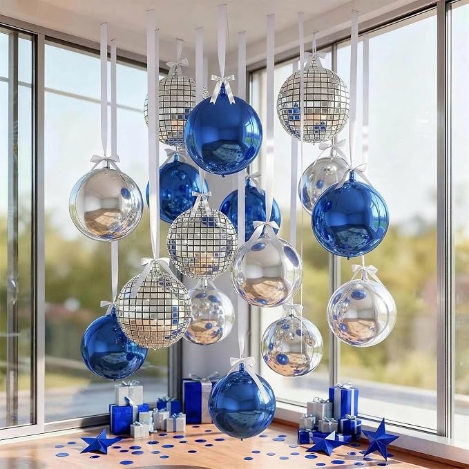 9 Pcs Blue Silver Round Foil Balloons Dark Navy Blue Metallic Silver Disco 4D - Image 4