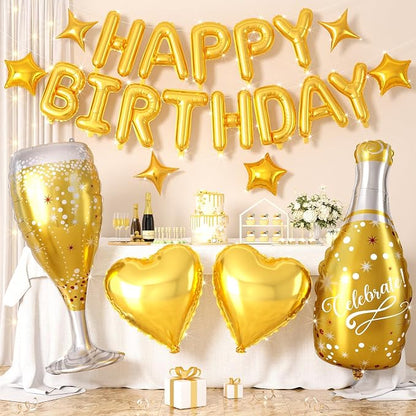 Gold Happy Birthday Balloons Banner, Star Heart Balloons, Champagne Bottle by Hapmori