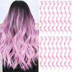 16 Pcs Colored Hair Extensions Curly Wavy Clip in Synthetic Hairpiece Streak for Girls Women Kids, Multi-colors Party Highlights Cosplay Festival Gift(Light Pink)
