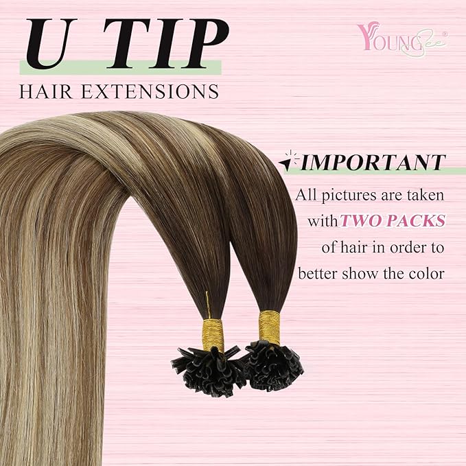 YoungSee U Tip Hair Extensions Human Hair Balayage 14In Utip Remy Hair Extensions Ombre Dark Brown to Brown with Blonde 50s/50g