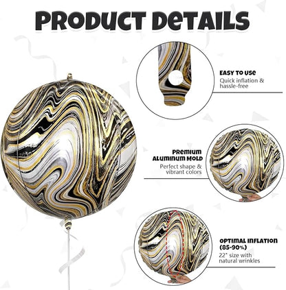 Black Gold and White Balloons Foil, 22Inch Metallic Balloons Printed, Round - Image 5