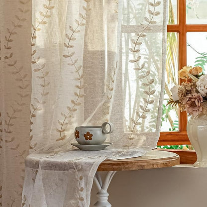 2 Panels Linen Leaf String Floral Embroidered Semi Sheer Curtain Farmhouse by AmHootextile