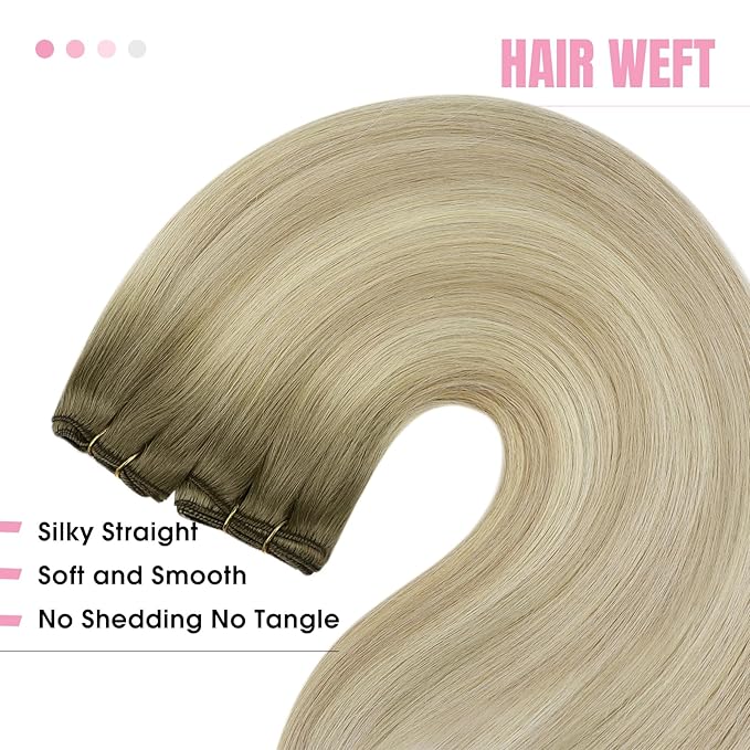 YoungSee Weft Hair Extensions Ombre Blonde Human Hair Extension Sew in Ash Blonde Roots to Platinum Blond Balayage Sew in Hair Extensions Real Human Hair for Women 16Inch 100G