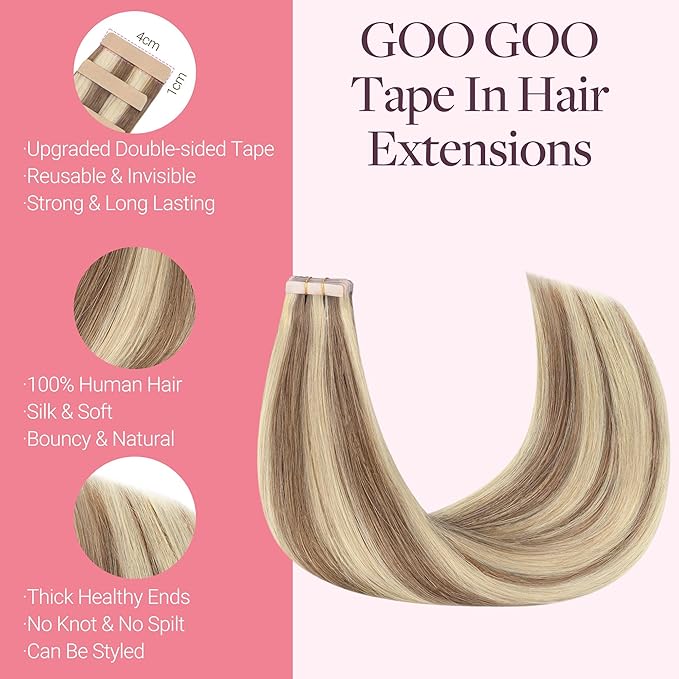 GOO GOO Tape in Hair Extensions Human Hair, 8B/60B Golden Blonde Highlights, 22inch 50g 20pcs, Skin Weft Seamless Invisible, Silky Straight with Thick Ends, Remy Human Hair