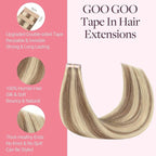 GOO GOO Tape in Hair Extensions Human Hair, 8B/60B Golden Blonde Highlights, 22inch 50g 20pcs, Skin Weft Seamless Invisible, Silky Straight with Thick Ends, Remy Human Hair