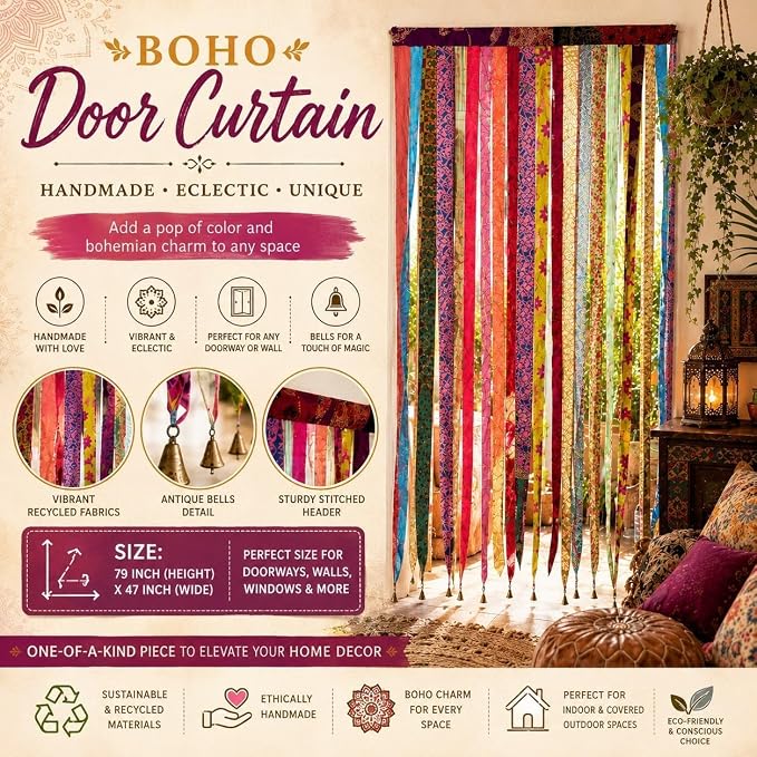 Mango Gifts Old Silk Sari Ribbon Doorway Curtain Hippie Bohemian Room Divider - Image 2
