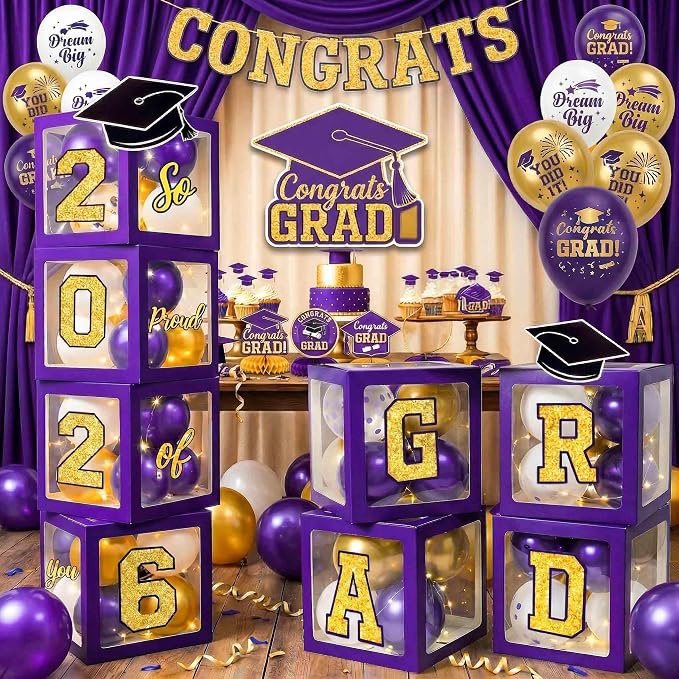 Graduation Decorations Class of 2026 Purple and Gold Balloon Boxes and Arch by makegraduationunforgettable
