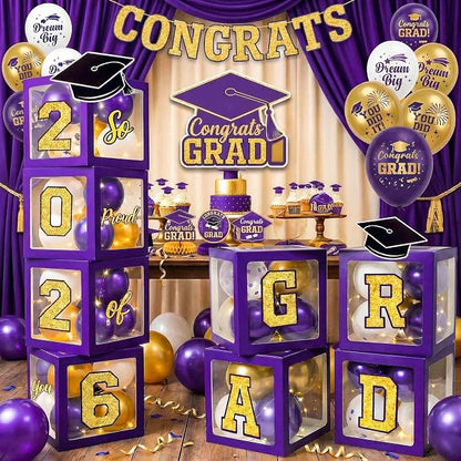 Graduation Decorations Class of 2026 Purple and Gold Balloon Boxes and Arch by makegraduationunforgettable