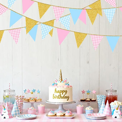Pink and Blue Buffalo Plaid Gold Party Decorations Pennant Banner Flag Hanging - Image 5