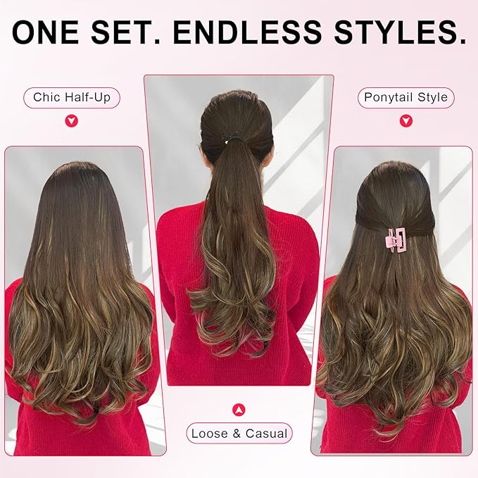 ALXNAN Clip in Hair Extensions,Balayage Dark Brown to Chestnut Long Wavy Hair Extensions Soft Synthetic Thick Hairpieces for Women 20 Inch
